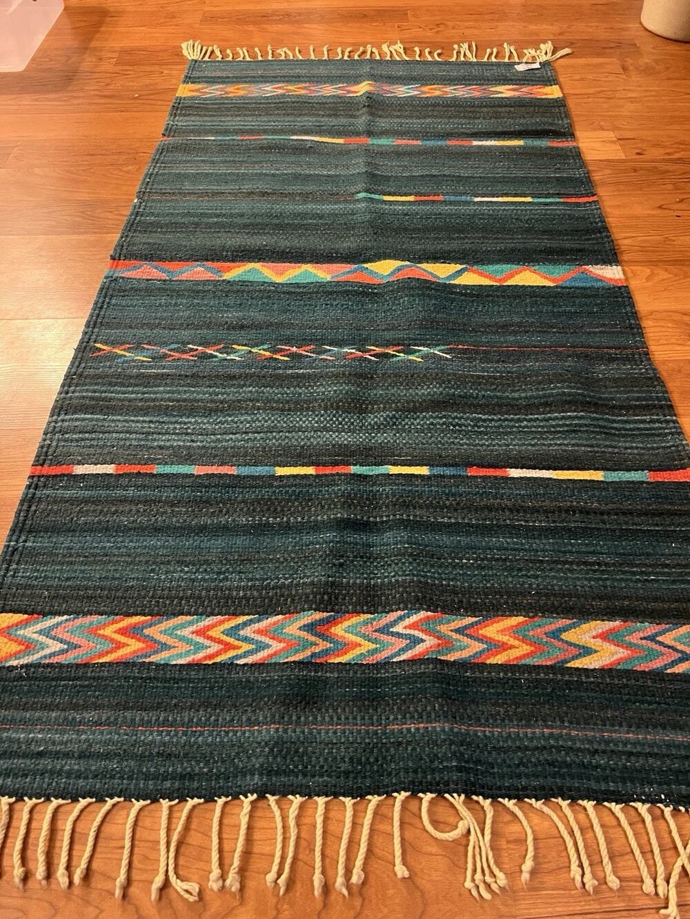 Authentic Zapotec Handwoven Wool Rug Oaxaca Mexico Geometric Natural Dyes 25x56